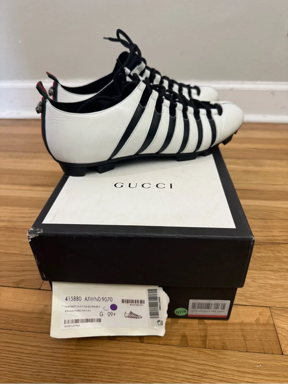 Gucci White and Black Striped Lace-Up Soccer-Inspired Sneakers